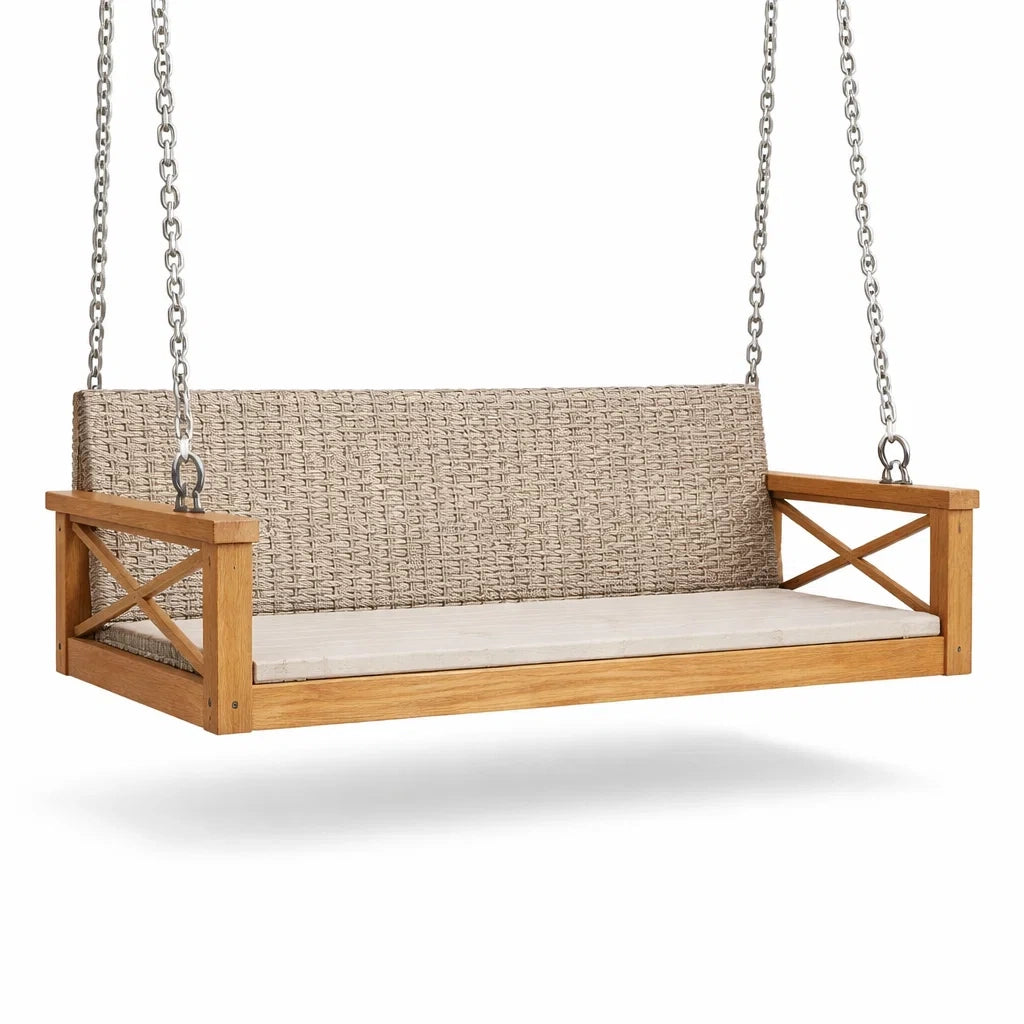 Balançoire en Bois de Teck et Rotin Synthétique Beige