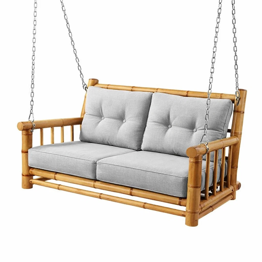 Balancelle en bambou avec coussins en tissu polyester gris