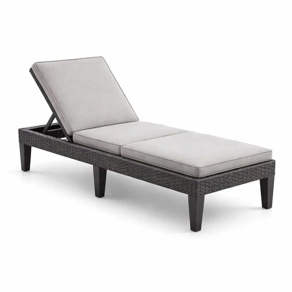 Chaise Longue en Résine Tressée avec Coussins Gris