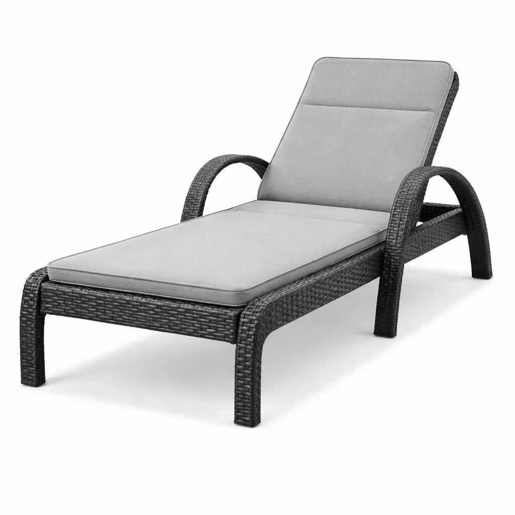 Chaise longue d'extérieur en résine tressée avec coussin polyester gris
