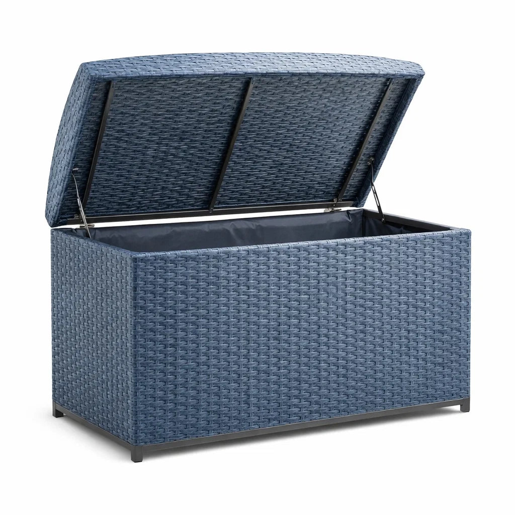 Coffre de rangement en rotin synthétique bleu 120x50x60 cm