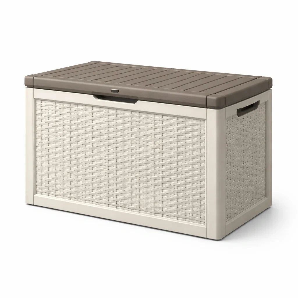Coffre de rangement en plastique marron et blanc avec effet rotin 90x45x60 cm