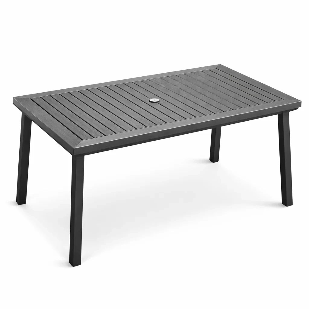 Table de jardin en aluminium et bois composite gris avec trou pour parasol