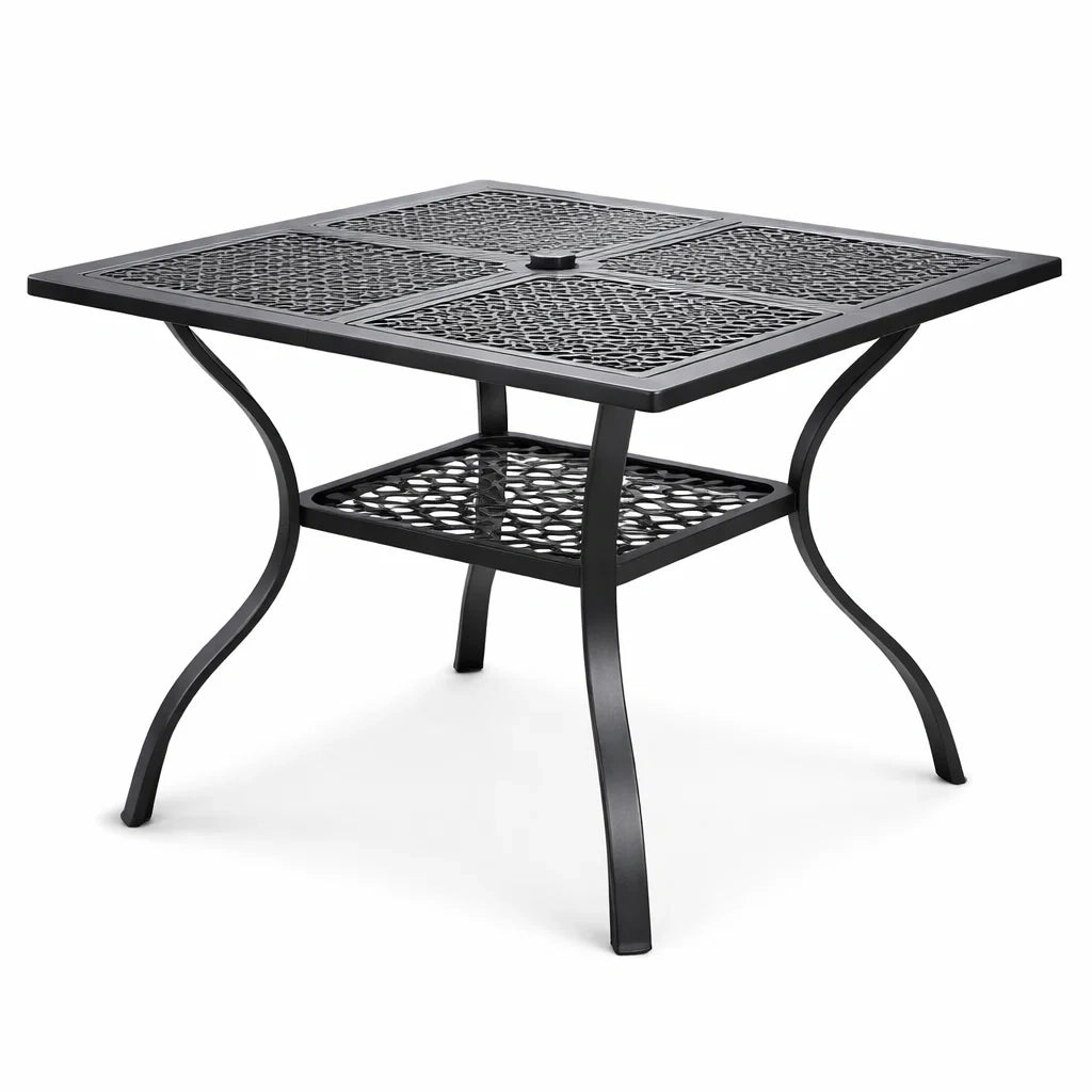 Table de jardin en métal noir avec motif ajouré 90x90x75 cm