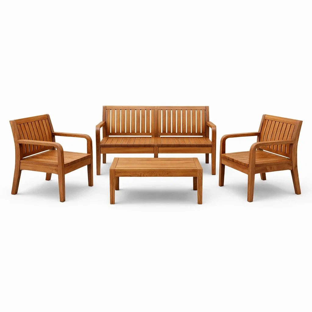Salon de jardin en bois d'acacia massif, 2 fauteuils, 1 canapé, 1 table basse