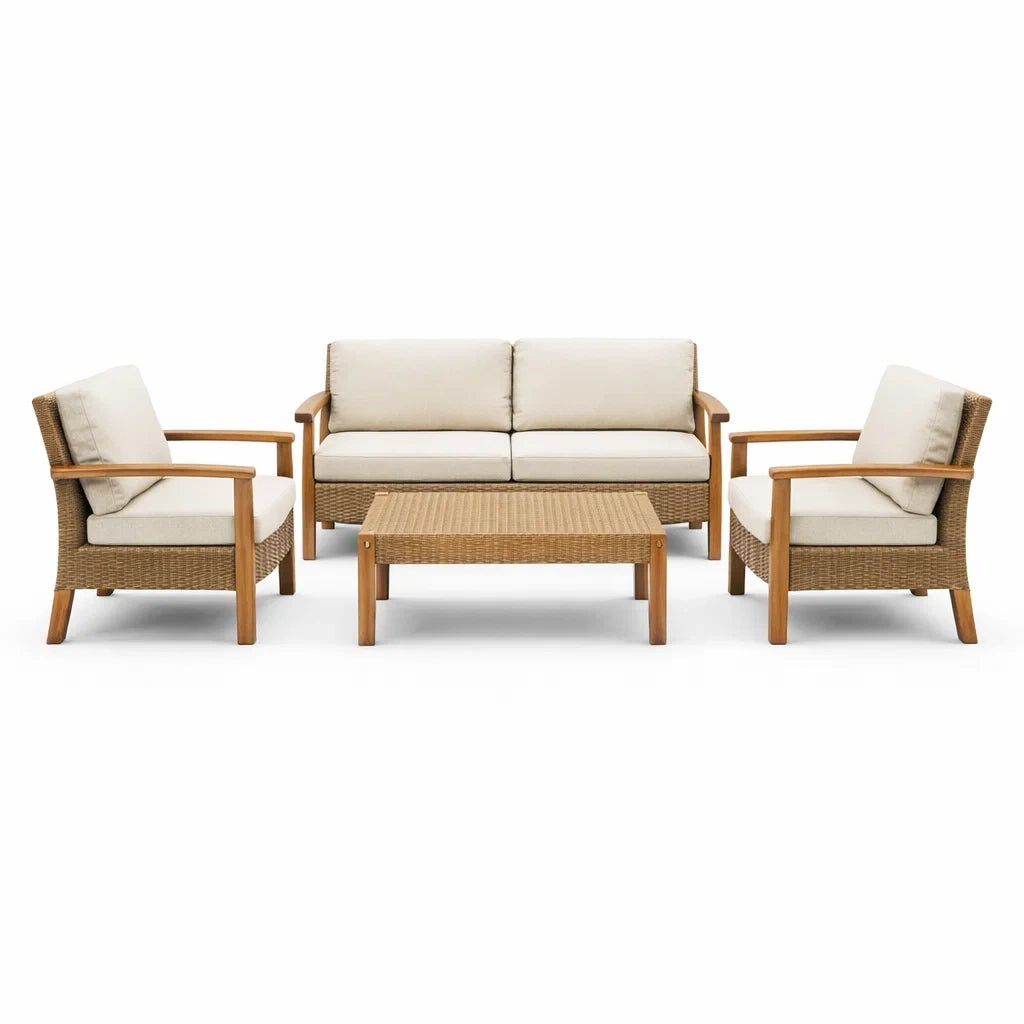 Ensemble de salon de jardin en bois et résine avec coussins