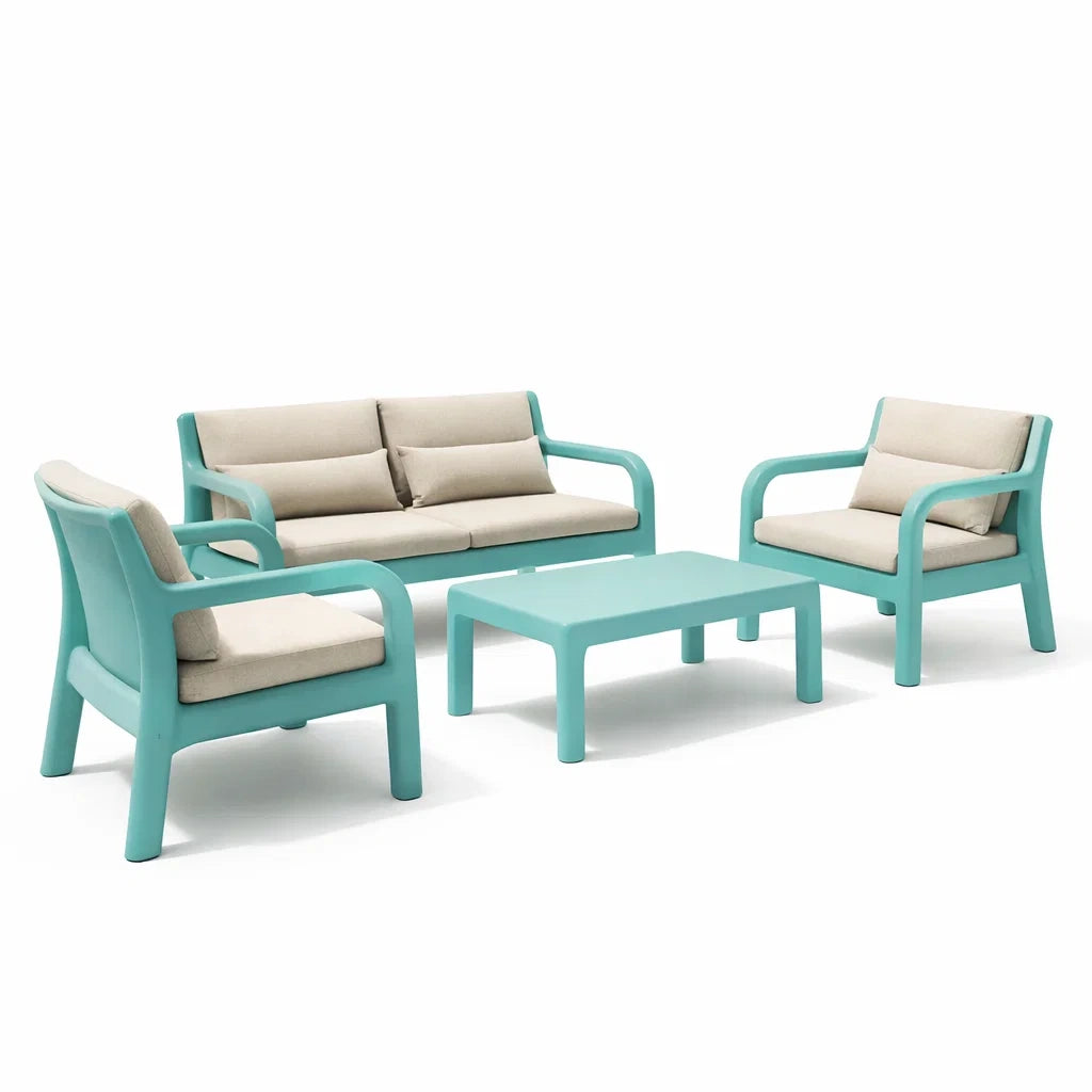 Ensemble de mobilier d'extérieur en plastique turquoise avec coussins beiges