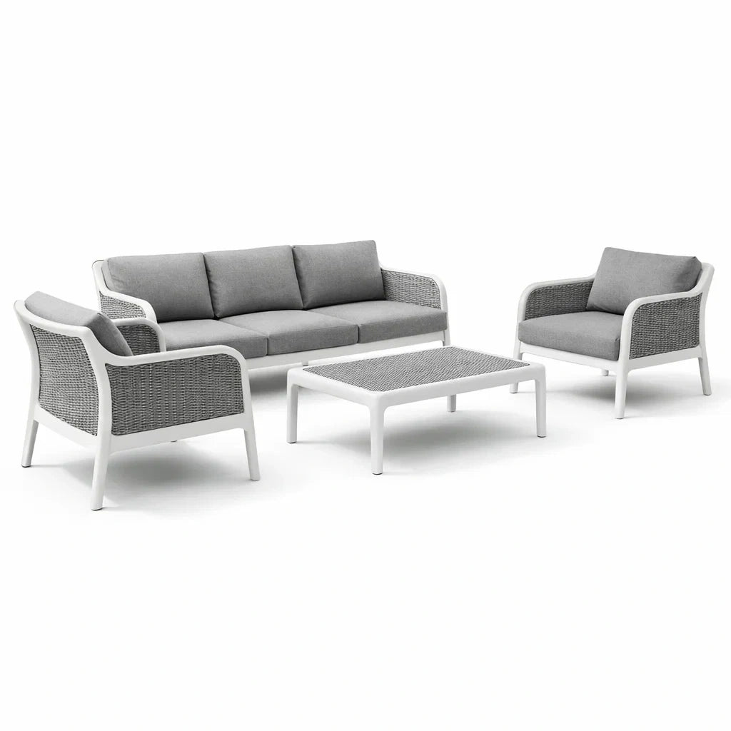 Ensemble de mobilier de jardin en métal et résine tressée avec coussins Gris et Blanc