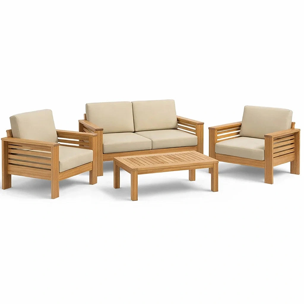 Ensemble de mobilier d'extérieur en bois de teck avec coussins beiges